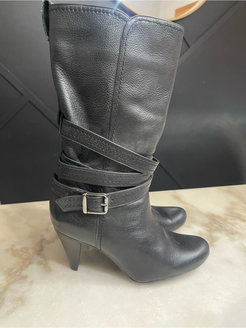 Gianni Bini Black Leather Mid-Calf Heeled Boots with Wrap Strap